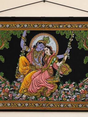 Pichwai Style Krishna Radha Sequin Tapestry | Sacred Hindu Folk Art Wall Decor